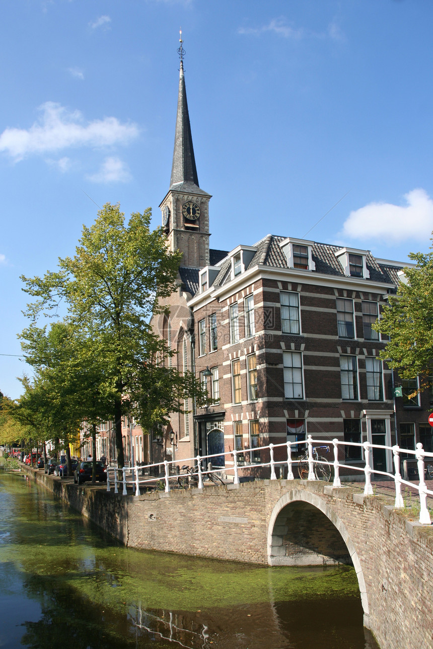 Delft 自动教会旅游风景建筑学运河树木图片