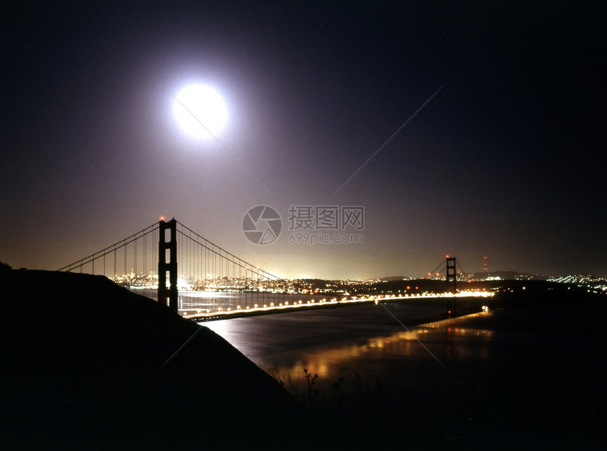 金门大桥反射月亮图片