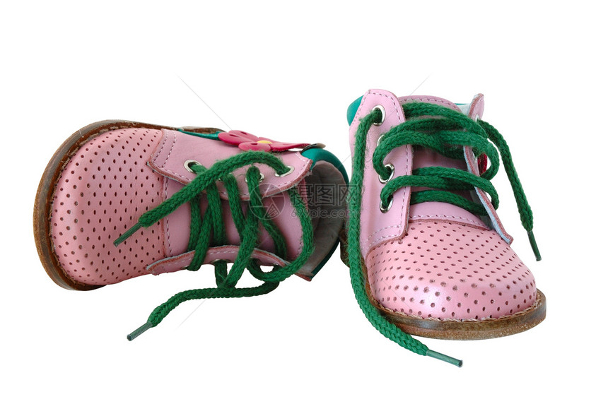 粉色皮革宝宝的靴子孩子们白色接缝棕色蕾丝绿色齿轮鞋带鞋类细绳图片