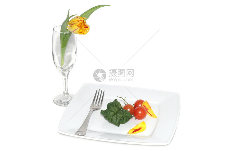蔬菜和郁金香静物绿色银器菠菜枝条美食服务治疗作品白色图片