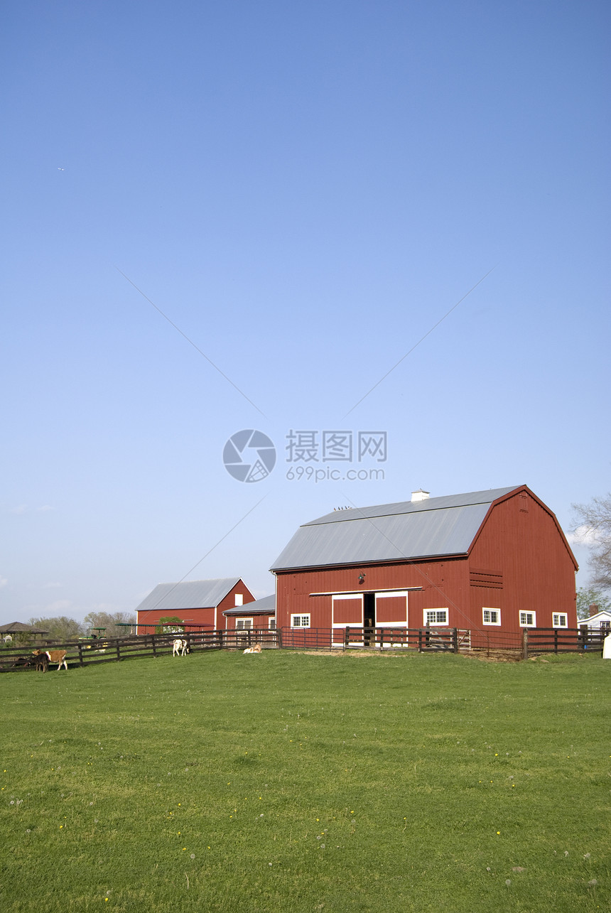 红谷仓红色乡村树木房子农庄图片