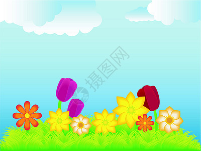 春花和蓝天空矢量背景图片