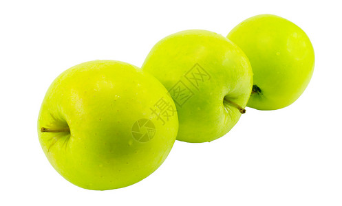 三个绿苹果白色水果绿色盘子背景图片