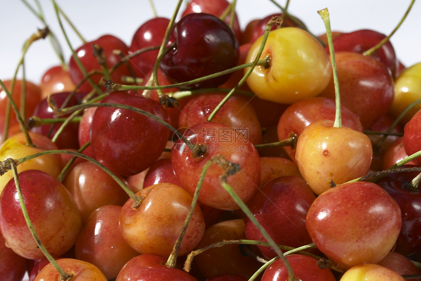 樱桃山红色绿色黄色健康食物花园宏观水果图片