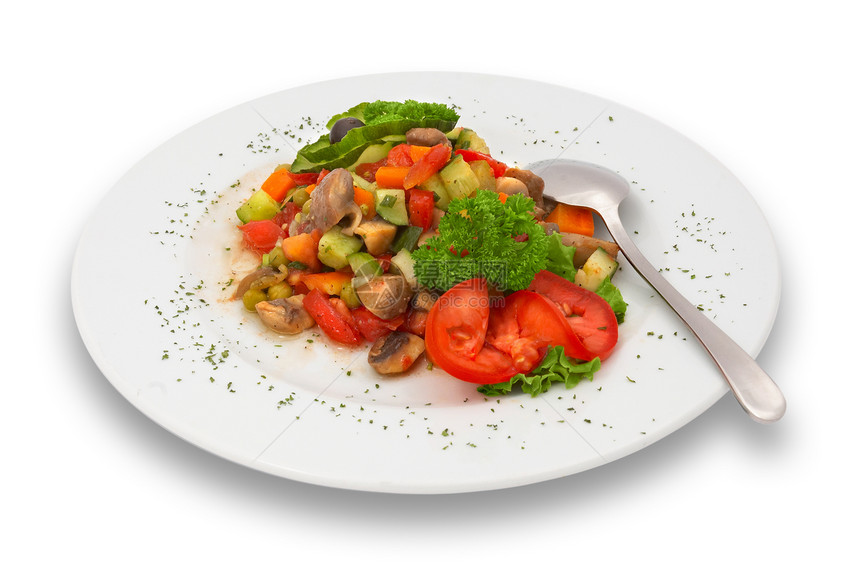 混合蔬菜蘑菇沙拉餐饮餐厅烹饪盘子勺子美食桌面红色桌子设置图片