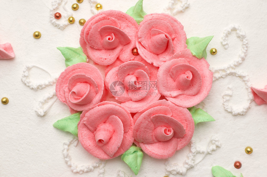 带玫瑰的奶油蛋糕食物糕点甜点花瓣黄油叶子装饰品美食面包育肥图片