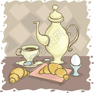 早餐杯子飞碟餐巾咖啡面包勺子静物羊角背景图片