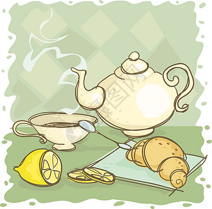 柠檬可丽饼茶蒸汽食物面包勺子早餐柠檬茶壶餐巾黄色羊角插画