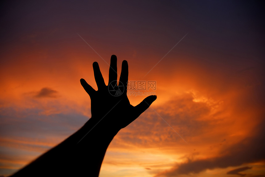 手掌射线日落手指衬垫橙子支撑天堂天空皮肤展示图片