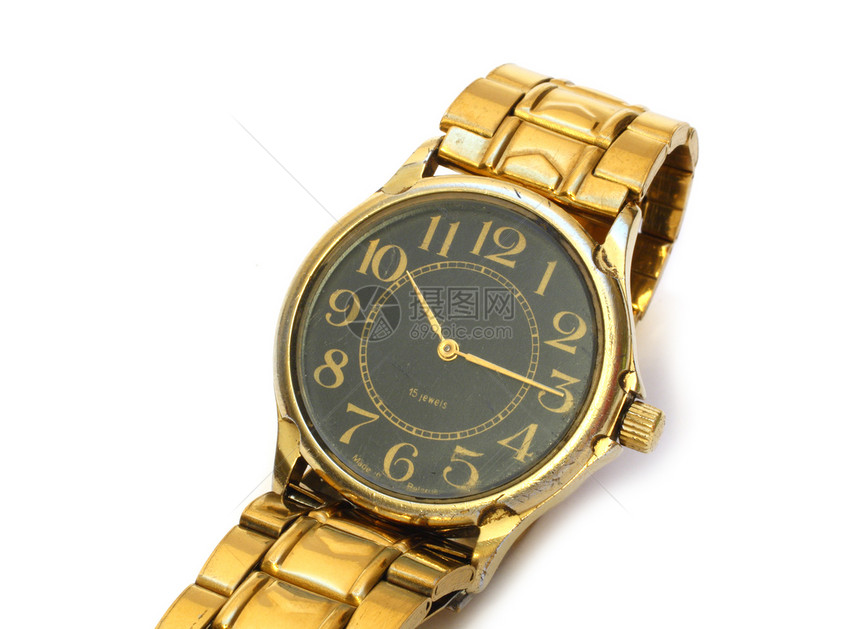 旧手表风格金属白色复古数字时间金子带子珠宝顺时针图片