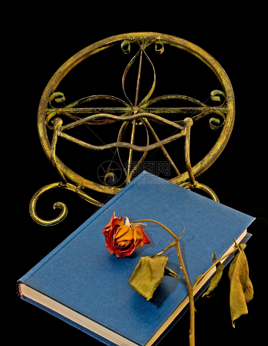 书架和书摊上干透的玫瑰花朵黑色静物图片