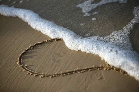 心在沙沙上海浪太阳海岸海滩背景图片