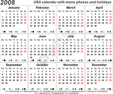 月相2008日历日记季节杂志调度插图日程月亮假日程序规划师设计图片