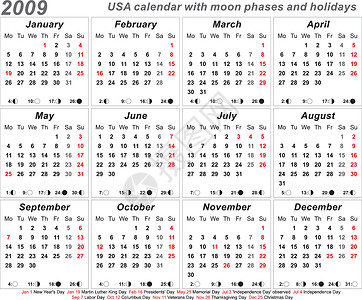 美国秋天2009日历季节调度月亮数据日记日程插图程序杂志月相设计图片