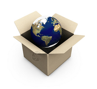 在一个盒子中的地球概念世界纸板背景图片