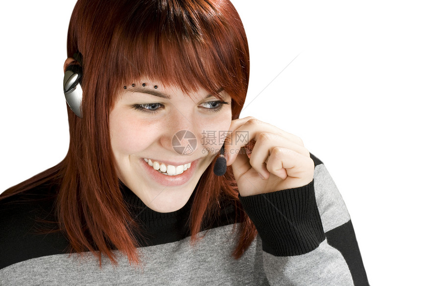 微笑呼叫中心红发顾问顾客耳机咨询工作女性热线职员电话商业图片