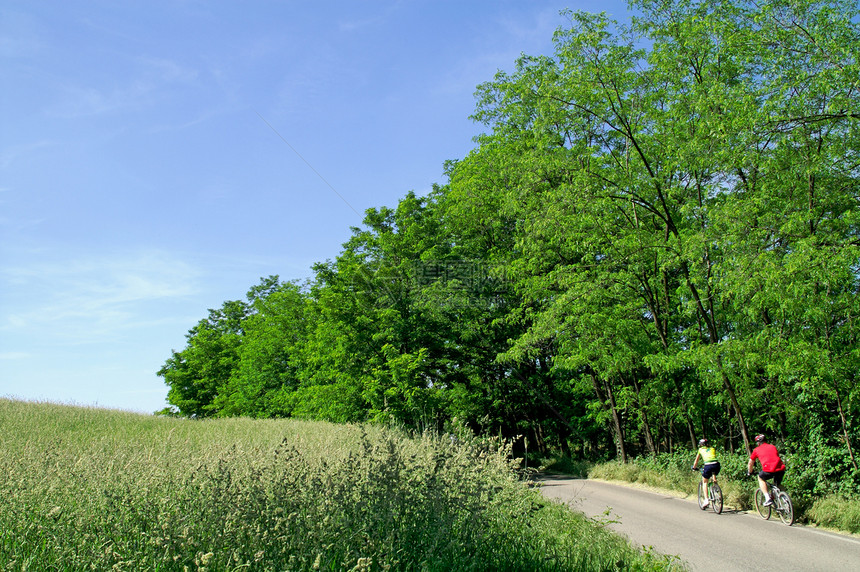 自行车运动天空街道两个人草地叶子树叶图片