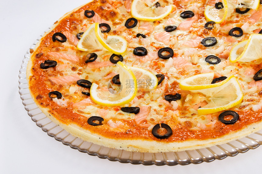 虾披萨烹饪餐厅食物蔬菜脆皮白色平底锅面团午餐红色图片