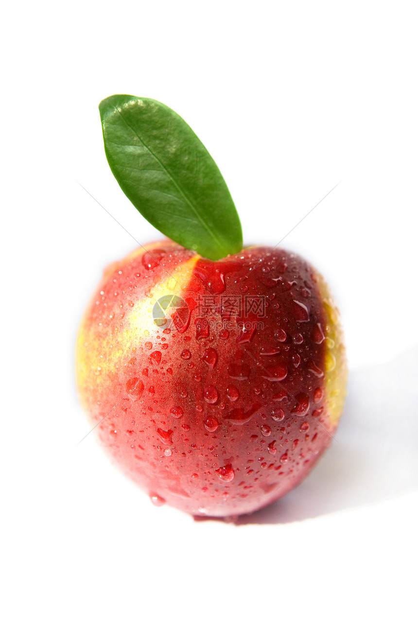 含绿叶的内石小吃桃子叶子卫生斑纹红色绿色水果橙子果汁图片
