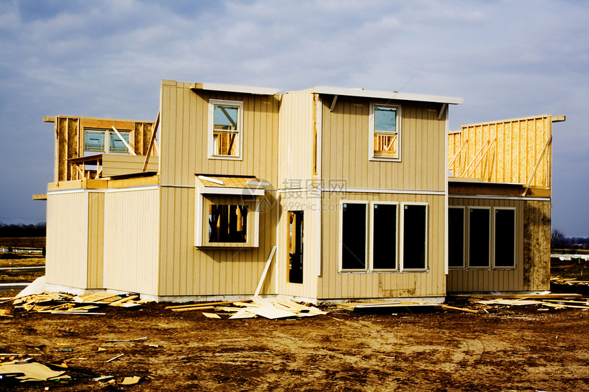 建筑建造投资蓝色抵押木头房子住宅木材天空财产白色图片