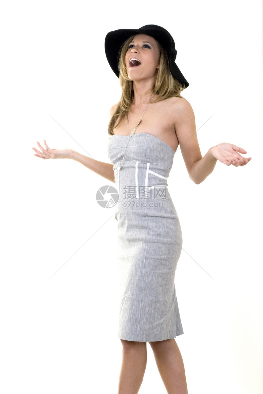 华丽时装模型微笑长发女性露齿快乐帽子吸引力白色灰色金发图片