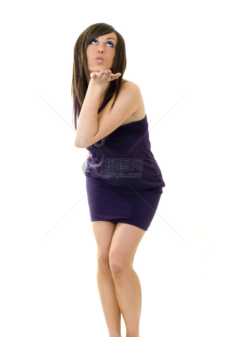 华丽时装模型紫色头发白色沙龙吸引力女性正文长发美发裙子图片
