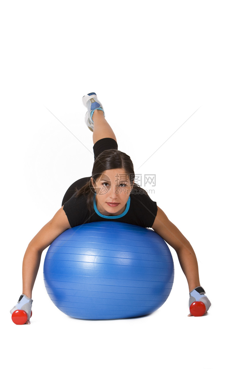 女孩运动体操蓝色专注杠铃健身房平衡女性化女性权重黑发图片
