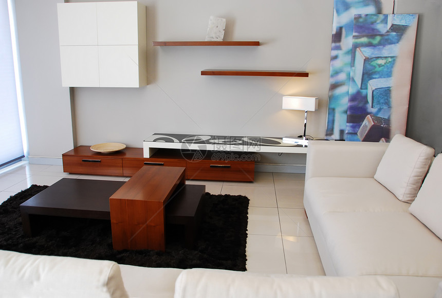 配备现代家具的起居室装饰扶手椅灯光建筑学反射家居枕头地毯大厦软垫图片