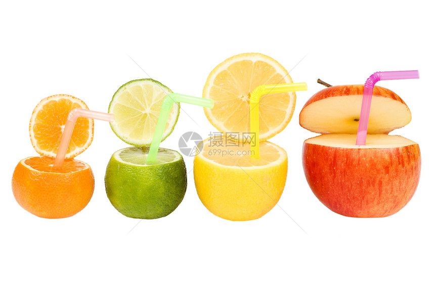 丰富多彩的抽象水果饮料稻草人宏观绿色柠檬黄色活力吸管红色管子圆形图片