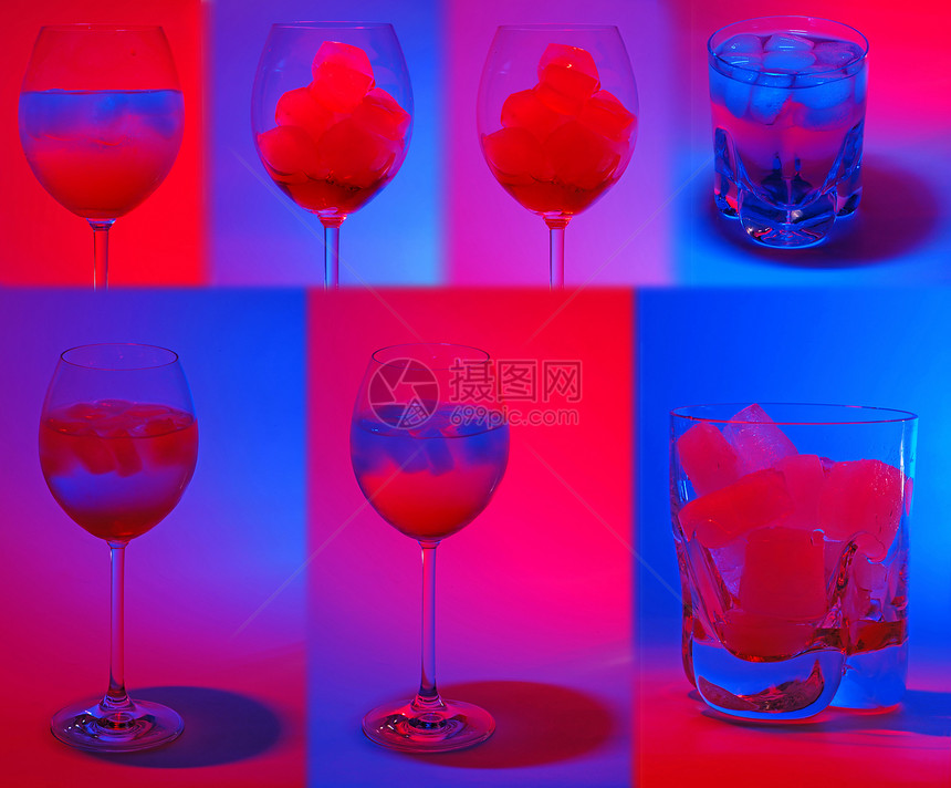 彩色饮料混合物玻璃酒吧背光液体立方体蓝色红色拼贴画白酒图片