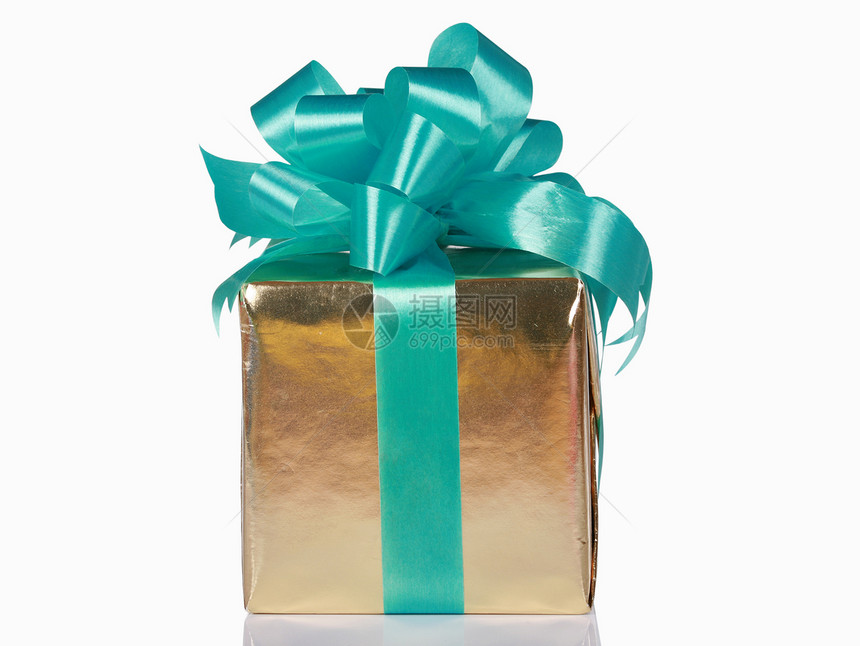带绿弓的金子绿色礼物纪念日盒子展示包装白色丝带周年生日图片