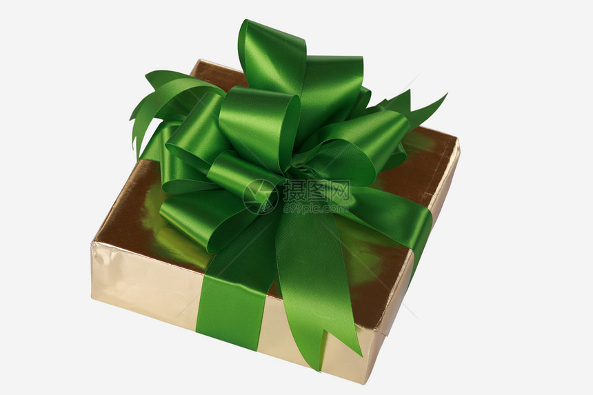 包裹着绿色丝带的黄金礼物白色周年展示包装生日纪念日盒子图片