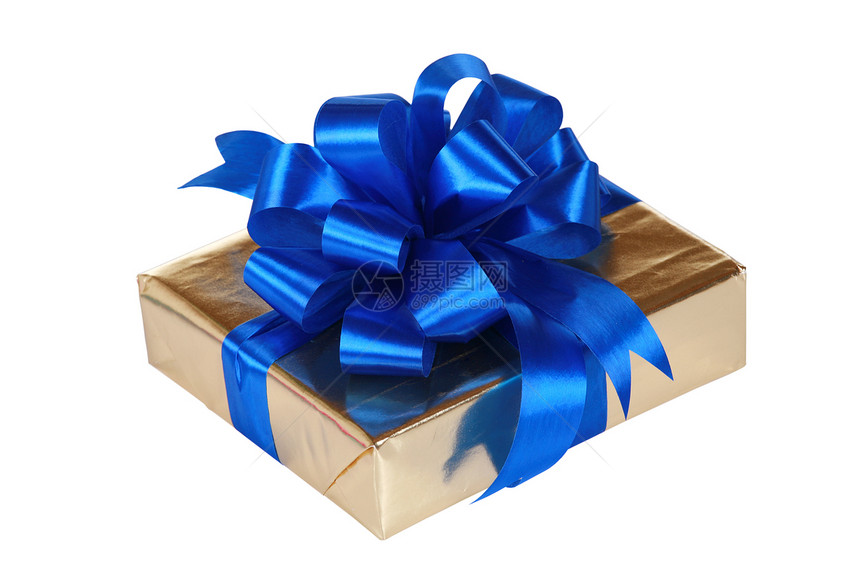 带蓝丝带的黄金包装周年生日丝带白色蓝色盒子礼物纪念日展示图片