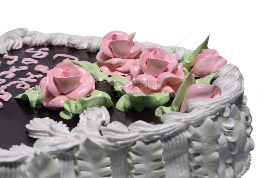 白上孤立的蛋糕糖果鞭打白色庆典巧克力奶油玫瑰甜点馅饼装饰图片
