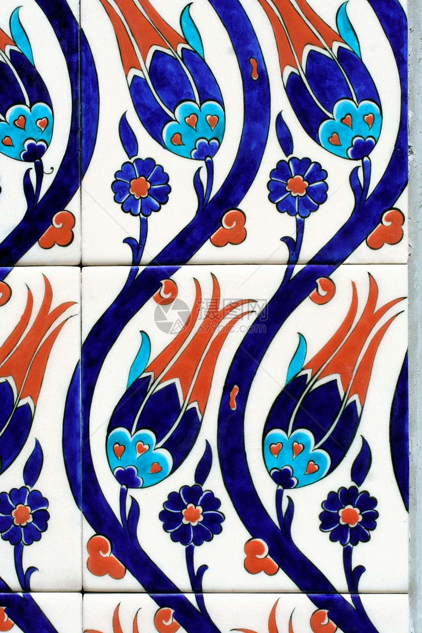 东方瓷砖奢华工艺装饰品脚凳白色蓝色工艺品郁金香叶子植物群图片