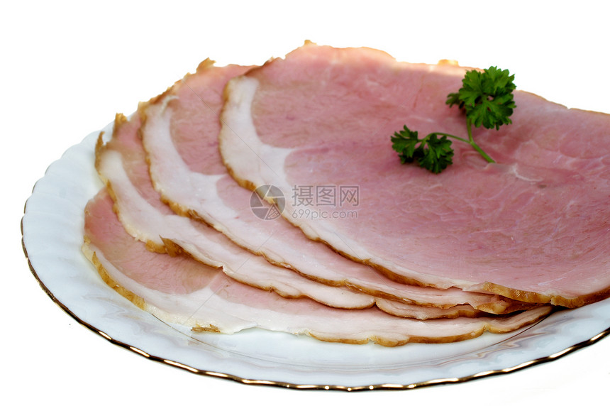 含火火腿盘子斑点熏制香菜白色食物营养杂货店猪肉图片