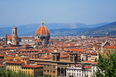 佛罗伦萨全景蓝色城市天空教会寺庙圆顶街道房子建筑学背景图片