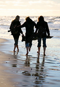 冬季海波浪海洋鞋类海岸赤足朋友青少年女孩闺蜜背景图片