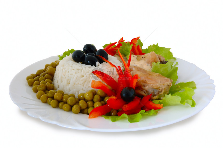 大米和炸鸡红色油炸黄色餐厅营养棕色白色黑色盘子胡椒图片
