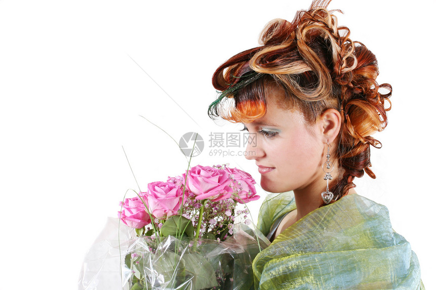 美丽的女人女性白色裙子花店成人季节绿色花瓣太阳裙购物图片