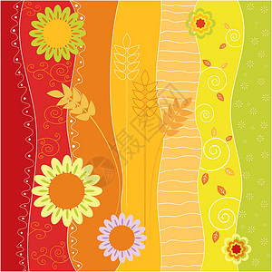 充满多彩的夏天叶子花瓣橙子漩涡艺术树叶插图花朵小麦红色背景图片