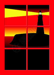 菲涅耳日落时灯塔插图阴霾支撑信号射线海洋安全导航光束危险插画