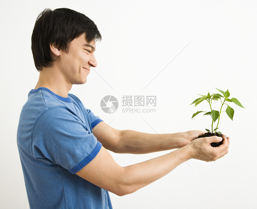 男人养家糊口的植物生活辣椒素生长男性微笑新增长绿色水平草本植物照片图片
