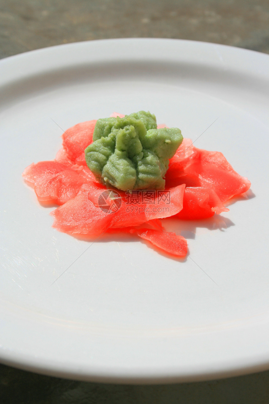 Wasabi和寿司姜午餐蔬菜白色小吃美食拼盘盘子食物图片