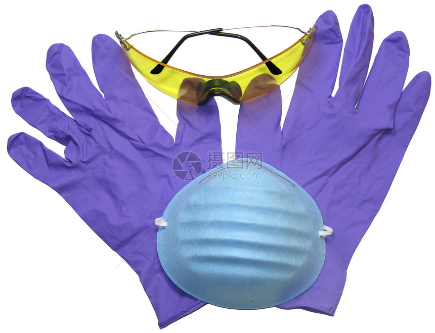 用硝酸紫手套 蓝面罩和防护眼镜射中Hazmat图片