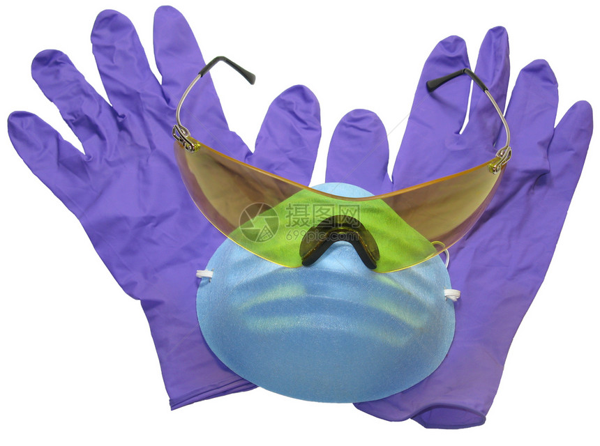 哈兹马特场景 有硝酸手套 面具和安全眼镜呼吸器齿轮材料危险品腈类蓝色紫色冒险白色黄色图片