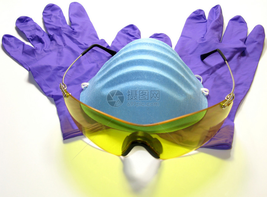 哈兹马特场景 有硝酸手套 面具和安全眼镜呼吸器白色紫色风镜危险品黄色腈类冒险齿轮材料图片