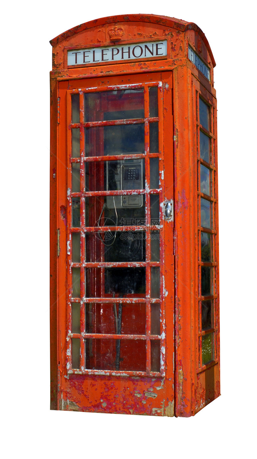 一个老式电话框 包括粘贴路径摊位设施油漆剥皮状况电话亭盒子工作红色剪裁图片