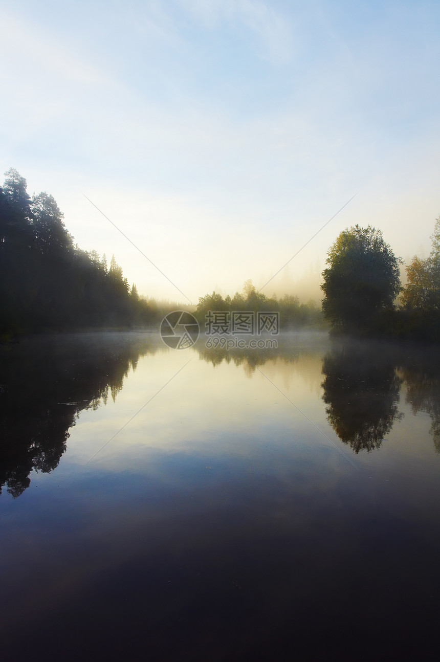 上午雾森林镜子日出风景溪流反射薄雾图片