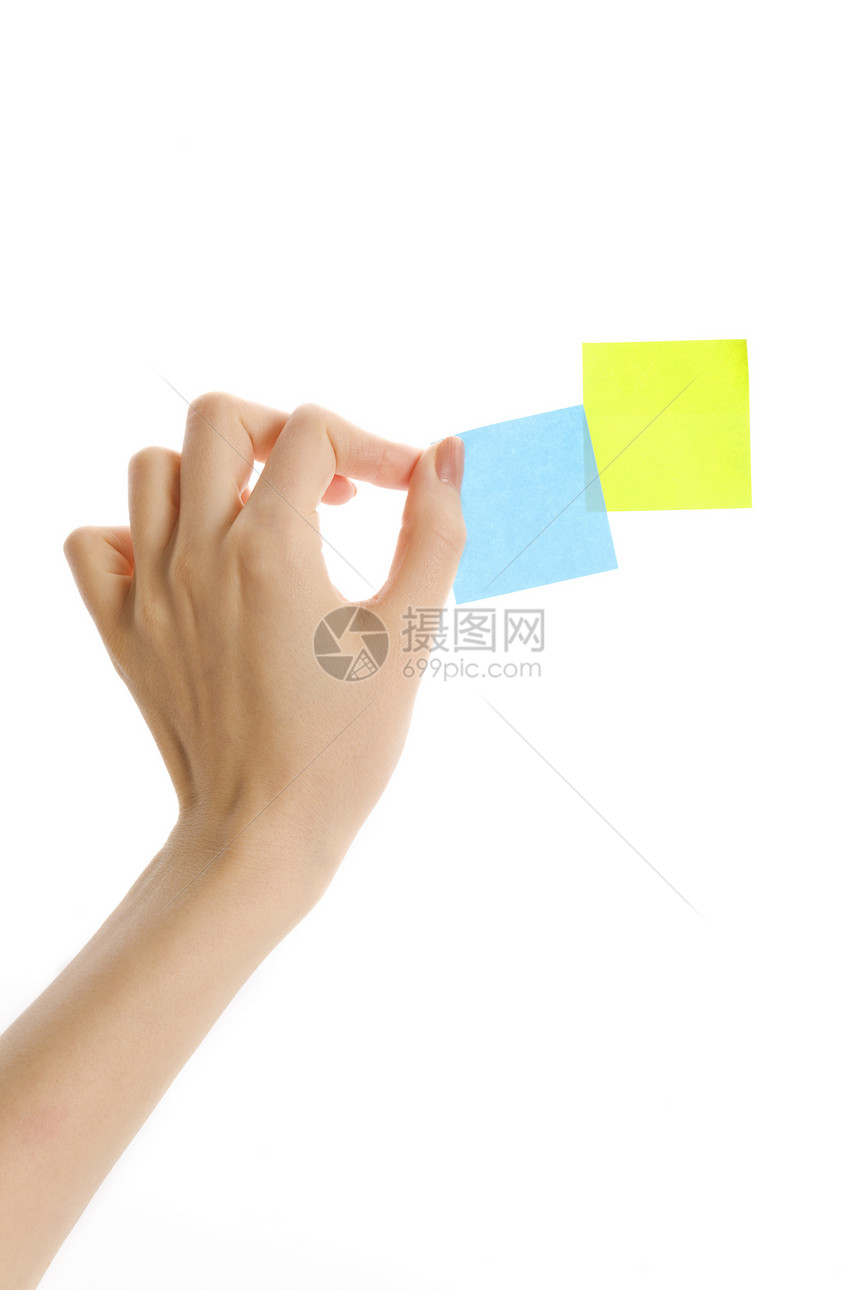 粘性笔记黄色记事本写作绿色办公室静物手指软垫女性用具图片